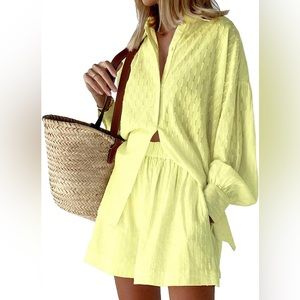 Women's Oversized Long Puff Sleeve Blouse & High Waisted Side Pocket Shorts Set